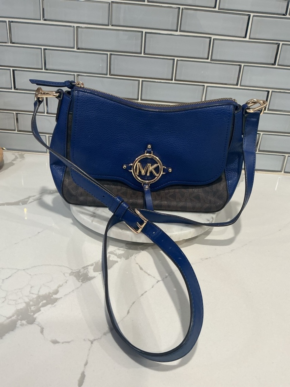 Michael Kors Royal Blue Leather and Brown Logo Crossbody